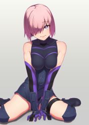 Rule 34 | 1girl, armored boots, armored leotard, between legs, black footwear, black leotard, blue eyes, boots, breasts squeezed together, breasts, breasts apart, closed mouth, elbow gloves, fate/grand order, fate (series), gloves, grey background, hair over one eye, hand between legs, head tilt, highres, knee boots, leotard, looking at viewer, mash kyrielight, medium breasts, pink hair, putcher, short hair, simple background, sitting, solo, thigh strap