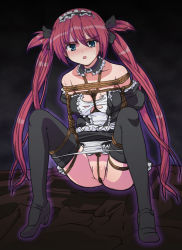 Rule 34 | 00s, 1girl, airi (queen&#039;s blade), airi (queen's blade), airi (the infernal temptress), arms behind back, bdsm, black thighhighs, bondage, bound, bound legs, box tie, breast bondage, breasts, crotch rope, maid, medium breasts, queen&#039;s blade, red hair, ryuu ryuu, solo, thighhighs, twintails, uncensored