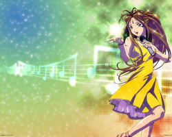 Rule 34 | 1990s (style), 1girl, aa megami-sama, belldandy, blue eyes, bracelet, brown hair, dress, facial mark, forehead mark, jewelry, long hair, microphone, musical note, ponytail, retro artstyle, ring, solo, staff (music), treble clef, wallpaper