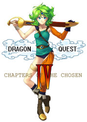 Rule 34 | 1girl, asymmetrical clothes, bad id, bad pixiv id, belt, blue eyes, blush, boots, chunsoft, circlet, curly hair, dragon quest, dragon quest iv, earrings, elbow gloves, enix, female focus, full body, gloves, green hair, heroine (dq4), jewelry, legband, legs, single thighhigh, smile, solo, square enix, sword, thighhighs, tonykun, weapon, white background