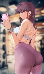 Rule 34 | 1girl, ass, ass focus, breasts, cellphone, closed mouth, commentary request, damda, fate/grand order, fate (series), fingernails, from behind, from side, holding, holding phone, large breasts, leggings, long hair, looking at viewer, nail polish, phone, purple hair, red eyes, red nails, scathach (fate), skin tight, skindentation, solo, sports bra, sportswear, sweat