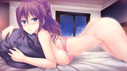 Rule 34 | 1girl, amasora taichi, ass, bed sheet, blue eyes, blush, bottomless, bra, bra pull, breasts, brown hair, clothes pull, double bun, game cg, highres, indoors, large breasts, long hair, looking at viewer, nipples, hugging object, pillow, pillow hug, pink bra, ruri no ie, skyfish, solo, tagoura kana, underwear, window