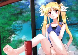 Rule 34 | 1girl, bad id, bad pixiv id, barefoot, blonde hair, blue shirt, blurry, blurry foreground, bow, bracelet, breasts, can, cleavage, collarbone, covering privates, covering crotch, fate testarossa, from below, hair bow, jewelry, long hair, lyrical nanoha, mahou shoujo lyrical nanoha, miniskirt, off shoulder, open mouth, red eyes, shirt, sitting, skirt, sleeveless, sleeveless shirt, small breasts, soles, solo, sweat, tentenkorori, twintails, very long hair, white bow, white skirt