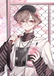 Rule 34 | 1boy, black hat, blue eyes, brown hair, chain, chain necklace, cup, earrings, glass, glasses, hat, highres, holding, holding cup, jewelry, kanae (nijisanji), long sleeves, male focus, nagihaha, necklace, nijisanji, shirt, short hair, solo, striped clothes, striped shirt, virtual youtuber, white shirt
