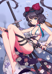 Rule 34 | 1girl, ass, bare shoulders, barefoot, bikini, blue eyes, breasts, cleavage, collarbone, commentary request, cro (artist), fate/grand order, fate (series), floral print, goggles, goggles on head, hair ornament, highres, katana, katsushika hokusai (fate), katsushika hokusai (swimsuit saber) (fate), looking at viewer, medium breasts, octopus, purple hair, swimsuit, sword, tongue, tongue out, weapon, white bikini