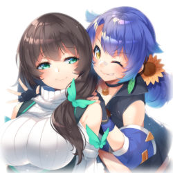 Rule 34 | 2girls, bandaid, bandaid on face, bandaid on nose, blue hair, breasts, brown hair, choker, clothing cutout, detached sleeves, fingerless gloves, flower, gloves, green eyes, hair flaps, hair flower, hair ornament, hanano mitsu, hero channel, highres, kokka han, large breasts, long hair, looking at another, minamori hero, multiple girls, one eye closed, shoulder cutout, sunflower, sunflower hair ornament, upper body, virtual youtuber, white background, yellow eyes