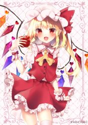 Rule 34 | 1girl, :d, ascot, blonde hair, chisiro unya (unya draw), crystal, fang, flandre scarlet, flat chest, food, fruit, hat, holding, holding food, holding fruit, looking at viewer, medium hair, mob cap, nail polish, one side up, open mouth, pointy ears, red eyes, red nails, red vest, simple background, skirt, skirt set, smile, solo, sparkle, touhou, vest, white background, wings, wrist cuffs, yellow ascot