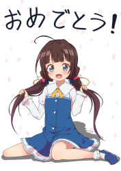 Rule 34 | 10s, 1girl, :d, absurdres, blue dress, blue eyes, blue footwear, blush, bobby socks, brown hair, dress, highres, hinatsuru ai, holding, holding hair, jukai, layered sleeves, long hair, long sleeves, looking at viewer, low twintails, open mouth, petals, puffy short sleeves, puffy sleeves, ryuuou no oshigoto!, school uniform, shoes, short over long sleeves, short sleeves, sitting, smile, socks, solo, translated, twintails, very long hair, wariza, white background, white socks