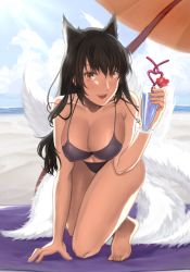Rule 34 | 1girl, ahri (league of legends), alternate hair color, animal ears, beach, bikini, black hair, blush, breasts, cleavage, collarbone, day, covered erect nipples, facial mark, flower, fox ears, fox tail, highres, large breasts, league of legends, multiple tails, navel, ocean, open mouth, outdoors, painttool sai, slit pupils, solo, swimsuit, tail, wel, whisker markings, yellow eyes