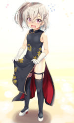 Rule 34 | 1girl, azur lane, bare shoulders, black dress, black thighhighs, blush, breasts, china dress, chinese clothes, commentary request, dress, elbow gloves, fang, flower, flying sweatdrops, full body, gloves, hair between eyes, high heels, highres, lifting own clothes, looking at viewer, niiya, nose blush, open mouth, pelvic curtain, purple eyes, side ponytail, silver hair, sleeveless, sleeveless dress, small breasts, solo, standing, thigh strap, thighhighs, wavy mouth, white flower, white footwear, z1 leberecht maass (azur lane)