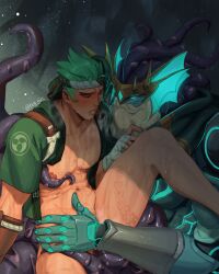 Rule 34 | 2boys, abs, bandaged hand, bandages, bara, bare pectorals, blush, bottomless, genji (overwatch), green hair, happi genji (overwatch), highres, large pectorals, male focus, mask, mask on head, monster boy, multiple boys, muscular, muscular male, navel, nipples, nude, nuggies (nug gies), official alternate costume, open mouth, overwatch, overwatch 2, pectorals, ramattra (overwatch), short hair, tentacles, tentacles on male, thighs, twitter username, yaoi