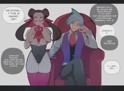 Rule 34 | 1boy, 1girl, bad id, bad twitter id, black pants, blush, breasts, brown hair, chair, collared shirt, commentary, covering own mouth, creatures (company), crossed legs, english commentary, english text, eyelashes, fingering, game freak, gen 4 pokemon, grey hair, hair rings, hand up, hands up, highres, holding, implied fingering, long hair, molestation, narrow waist, nintendo, nipples, nyantcha, pants, parted lips, pokemon, pokemon (creature), pokemon oras, purple thighhighs, purple vest, recording, rotom, rotom phone, roxanne (pokemon), shirt, short sleeves, sitting, smile, speech bubble, stealth ass grab, stealth fingering, steven stone, sweat, thighhighs, twintails, vest