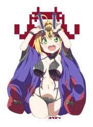Rule 34 | 10s, 1girl, ahoge, arms up, blonde hair, braid, breasts, commentary, cosplay, cowboy shot, fake horns, fate/extra, fate/grand order, fate (series), green eyes, hair bun, horns, japanese clothes, kimono, large breasts, looking at viewer, navel, nero claudius (fate), nero claudius (fate) (all), nero claudius (fate/extra), open mouth, short hair, shuten douji (fate), shuten douji (fate) (cosplay), simple background, single hair bun, solo, teeth, upper teeth only, v-shaped eyebrows, white background, yuuzii