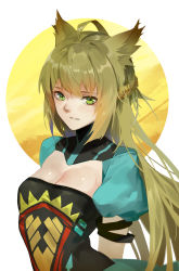 Rule 34 | 1girl, absurdres, ahoge, animal ears, arms behind back, atalanta (fate), breasts, cat ears, cleavage, cleavage cutout, clothing cutout, erlge, fate/apocrypha, fate/grand order, fate (series), gradient hair, green eyes, green hair, highres, long hair, looking at viewer, medium breasts, multicolored hair, solo, two-tone hair
