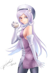 Rule 34 | 10s, 1girl, aila jyrkiainen, baozi, bare shoulders, beret, black pantyhose, blue eyes, breasts, buttons, dress, elbow gloves, flipped hair, flower, food, from side, fur trim, gloves, gradient hair, gundam, gundam build fighters, halterneck, hat, hat flower, highres, holding, light smile, long hair, looking at viewer, looking back, multicolored hair, pantyhose, saigo no shito, side slit, sideboob, sidelocks, signature, silver hair, simple background, smile, solo, standing, swept bangs, very long hair, white background, white gloves