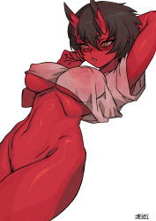 Rule 34 | 1girl, arm behind head, black hair, blush, breasts, colored skin, covered erect nipples, cropped shirt, horns, kidouko (zakusi), large breasts, navel, oni, oni horns, orange eyes, original, parted lips, pussy, red oni, red skin, shirt, short hair, signature, simple background, solo, standing, uncensored, underboob, wet, wet clothes, wet shirt, white background, zakusi