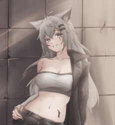 Rule 34 | 1girl, absurdres, animal ears, arknights, bandeau, breasts, cleavage, collarbone, commentary request, elbow gloves, fingerless gloves, gloves, grey eyes, grey gloves, grey hair, grin, hair ornament, hairclip, highres, indoors, lappland (arknights), long hair, looking at viewer, mameppu, material growth, medium breasts, midriff, navel, off shoulder, oripathy lesion (arknights), scar, scar across eye, single bare shoulder, smile, solo, stomach, strapless, tube top, upper body, very long hair, wolf ears