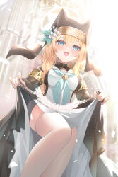Rule 34 | 1girl, animal ears, blonde hair, blue archive, blue eyes, blush, breasts, cat ears, coif, flower, habit, hair between eyes, hair flower, hair ornament, holding, holding clothes, lifting own clothes, long hair, looking at viewer, mari (blue archive), medium breasts, mujinbensin, nun, open mouth, smile, solo, thighhighs, white thighhighs
