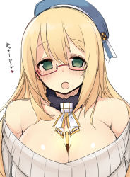 Rule 34 | 10s, 1girl, :o, alternate costume, atago (kancolle), bad id, bad pixiv id, bare shoulders, bespectacled, between breasts, blonde hair, blush, breasts, casual, detached collar, food, glasses, green eyes, hat, heart, kantai collection, large breasts, long hair, looking at viewer, nekoume, personification, pocky, pocky day, red-framed eyewear, ribbed sweater, simple background, solo, sweater, translated, white background