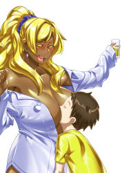 Rule 34 | 1boy, 1girl, ^ ^, between breasts, blonde hair, breast smother, breasts, brown hair, cleavage, closed eyes, collarbone, cup, dark skin, drinking glass, drunk, earrings, eyelashes, face between breasts, face to breasts, ganguro, gyaru, head between breasts, jewelry, kogal, konakona, large breasts, long hair, no bra, off shoulder, open clothes, open mouth, original, ponytail, simple background, smile, teeth, white background