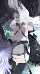 Rule 34 | 1girl, absurdres, animal ears, ass, black hairband, black sleeves, black thighhighs, character name, cross-shaped pupils, detached sleeves, grey eyes, grey hair, hair intakes, hairband, highres, long hair, long sleeves, looking at viewer, looking back, mechanical parts, mechanical tail, no.21: feral scent (punishing: gray raven), no.21 (punishing: gray raven), punishing: gray raven, solo, subdermal port, symbol-shaped pupils, tail, thighhighs, wide sleeves, wolf ears, wolf tail, yuzexit565