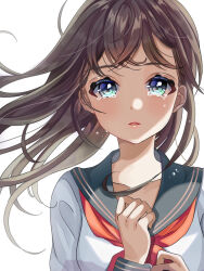 Rule 34 | 1girl, blue eyes, blue sailor collar, breasts, brown hair, collarbone, commentary, crying, crying with eyes open, floating hair, hand on own chest, highres, light blush, long hair, long sleeves, medium breasts, neckerchief, original, parted lips, pink lips, pink stripes, red neckerchief, sailor collar, school uniform, serafuku, shirt, simple background, sleeve cuffs, solo, striped, tears, totomachokori, unhappy, upper body, white background, white shirt