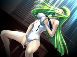 Rule 34 | 00s, 1girl, bare shoulders, grabbing another&#039;s breast, breasts, c.c., casual one-piece swimsuit, censored, clothing aside, code geass, covered erect nipples, closed eyes, female masturbation, fingering, g kilo-byte, grabbing, impossible clothes, large breasts, legs, light, long hair, masturbation, mosaic censoring, night, one-piece swimsuit, open mouth, pussy, grabbing own breast, sitting, skin tight, solo, spread legs, swimsuit, swimsuit aside, table, team-tanabe, wallpaper, window