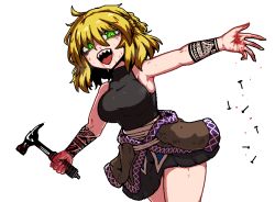 Rule 34 | 1girl, bare shoulders, black shirt, blonde hair, blood, blood on hands, breasts, brown jacket, clothes around waist, formicid, green eyes, hair between eyes, half updo, hammer, holding, holding hammer, jacket, jacket around waist, jaggy lines, looking at viewer, medium breasts, mizuhashi parsee, nail, open mouth, outstretched arm, pointy ears, revision, sharp teeth, shirt, short hair, simple background, sleeveless, sleeveless shirt, slit pupils, solo, tattoo, teeth, touhou, white background