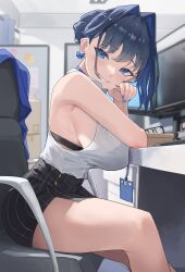 Rule 34 | 1girl, archinoer, black bra, black skirt, blue choker, blue eyes, blue hair, blue nails, bow, bow earrings, bra, bra visible through clothes, breasts, chair, choker, computer, cubicle, earrings, heart-shaped gem, high-waist skirt, highres, hololive, hololive english, id card, jewelry, lace, lace-trimmed bra, lace trim, large breasts, medium hair, monitor, office chair, office lady, ouro kronii, ribbon earrings, shirt, sideboob, skirt, smile, solo, swivel chair, thick thighs, thighs, tight clothes, tight shirt, underwear, virtual youtuber, white shirt
