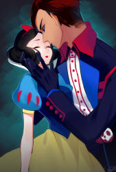 Rule 34 | 1boy, 1girl, apple poison, arm at side, bags under eyes, black hair, bow, brown hair, dark skin, dark-skinned male, disney, disneyland, dress, eyelashes, closed eyes, gloves, hair bow, hairband, hand in own hair, hetero, highres, long sleeves, looking at another, looking at viewer, namazu (dc 27546), profile, puff and slash sleeves, puffy short sleeves, puffy sleeves, recruiters (disney), red bow, red lips, short hair, short sleeves, signature, snow white, snow white (disney), snow white and the seven dwarfs, unconscious, upper body