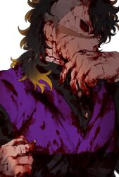 Rule 34 | 1boy, biting, black hair, blonde hair, blood, blood on chest, blood on clothes, blood on face, blood on hands, colored sclera, colored tips, cuts, demon slayer uniform, fang, fingernails, flesh, gohanha118, hands up, highres, holding, injury, kimetsu no yaiba, long hair, long sleeves, looking away, male focus, mismatched sclera, mohawk, multicolored hair, open mouth, purple vest, red sclera, scar, scar on face, scar on nose, scratches, self-harm, sharp fingernails, shinazugawa genya, simple background, solo, streaked hair, torn clothes, upper body, vest, white background