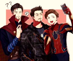Rule 34 | 3boys, ?, animal print, animification, arc reactor, arm up, avengers: infinity war, avengers (series), belt, black hair, black jacket, black shirt, blue bodysuit, blue eyes, blue shirt, bodysuit, border, brown belt, brown hair, cellphone, cloak, closed mouth, commentary request, covered collarbone, doctor strange, facial hair, grey hair, hand up, highres, holding, holding phone, hood, hooded jacket, jacket, long sleeves, looking up, male focus, marvel, marvel cinematic universe, multicolored hair, multiple boys, musical note, open clothes, open jacket, open mouth, outside border, peter parker, phone, pink background, red bodysuit, red cloak, shirt, short hair, simple background, smartphone, smile, speech bubble, spider-man, spider print, spider web print, spoken musical note, standing, superhero costume, t-shirt, takechu, tongue, tony stark, two-tone bodysuit, two-tone hair, web shooter, white border, yellow eyes