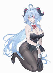 Rule 34 | 1girl, absurdres, ahoge, alternate costume, bare arms, bare shoulders, black footwear, black gloves, black leotard, black pantyhose, blue hair, bow, bowtie, breasts, cleavage, commentary request, covered navel, detached collar, echj, ganyu (genshin impact), genshin impact, gloves, hair between eyes, high heels, highres, horns, kneeling, large breasts, leotard, long hair, looking at viewer, pantyhose, purple eyes, red bow, red bowtie, shoes, simple background, solo, strapless, strapless leotard, thighband pantyhose, thighs, very long hair, white background, wrist cuffs