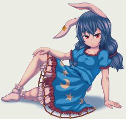Rule 34 | 1girl, :3, animal ears, arm support, bad anatomy, bad id, bad twitter id, bloomers, blue dress, blue hair, bobby socks, breasts, closed mouth, collarbone, crescent print, dress, ear ornament, full body, hair between eyes, hand on own knee, highres, long hair, looking at viewer, low twintails, lying, on side, puffy short sleeves, puffy sleeves, rabbit ears, rabbit tail, red eyes, seiran (touhou), short sleeves, simple background, small breasts, socks, solo, star (symbol), star print, tail, touhou, twintails, underwear, white background, white socks, zawapirori