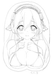 Rule 34 | 1girl, 3:, blush, breast mousepad, breasts, character name, cleavage, greyscale, headphones, kani biimu, looking at viewer, monochrome, mousepad, mousepad (medium), nitroplus, simple background, sketch, solo, super sonico, white background