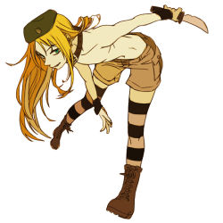 Rule 34 | 1boy, androgynous, bent over, blonde hair, boots, collar, dien bien phu (manga), full body, grin, ha.skr (hasukara), knife, male focus, shorts, smile, solo, striped clothes, striped thighhighs, thighhighs, tim lawrence, topless male, trap, zettai ryouiki