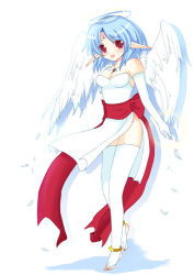 Rule 34 | 1girl, angel wings, anklet, bare shoulders, barefoot, blue hair, bow, dress, facial mark, feathers, filia (star ocean), filia (star ocean 2), forehead mark, full body, gloves, halo, jewelry, miyako (mongcocoa), mongcocoa, necklace, pointy ears, red eyes, ribbon, short hair, simple background, smile, solo, star ocean, star ocean the second story, thighhighs, tri-ace, white gloves, white thighhighs, wings