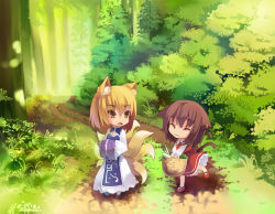 Rule 34 | 2girls, :3, ^ ^, adapted costume, animal ears, bad id, bad pixiv id, blonde hair, brown hair, cat ears, cat girl, cat tail, chen, chibi, cleavage cutout, closed eyes, clothing cutout, earrings, closed eyes, fang, female focus, forest, fox ears, fox tail, groceries, jewelry, kamisakai, multiple girls, multiple tails, nature, no headwear, no headwear, short hair, tail, touhou, yakumo ran, yellow eyes