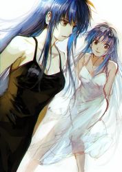 Rule 34 | 1girl, aoki (fumomo), arms behind back, bare shoulders, black dress, blue hair, breasts, chidori kaname, cleavage, dress, dual persona, dutch angle, full metal panic!, leaning forward, long hair, looking at another, medium breasts, open mouth, red eyes, see-through, sidelocks, simple background, sleeveless, sleeveless dress, smile, sophia (full metal panic!), white background, white dress