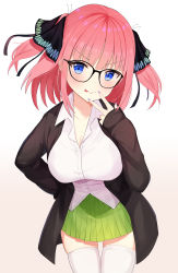 Rule 34 | :&gt;, absurdres, bad id, bad pixiv id, black cardigan, black ribbon, blue eyes, blunt bangs, blush, breasts, butterfly hair ornament, cardigan, choco tanuki, cleavage, finger to mouth, glasses, go-toubun no hanayome, gradient background, green skirt, hair ornament, highres, large breasts, leaning forward, looking at viewer, multicolored nails, nail polish, nakano nino, open cardigan, open clothes, pink hair, ribbon, shirt, simple background, skirt, sleeves past wrists, smile, thick thighs, thighhighs, thighs, tongue, tongue out, twintails, v, white shirt, white thighhighs, zettai ryouiki