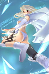 Rule 34 | 1girl, ass, asymmetrical clothes, blonde hair, boots, cape, detached sleeves, knife, original, red eyes, single thighhigh, solo, thighhighs, tsuina