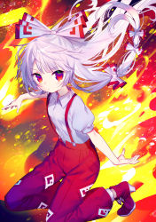 Rule 34 | 1girl, blush, bow, commentary request, fire, floating hair, fujiwara no mokou, hair bow, high heels, highres, hinasumire, long hair, looking at viewer, ofuda, pants, puffy short sleeves, puffy sleeves, red eyes, red footwear, red pants, shirt, short sleeves, silver hair, solo, suspenders, touhou, white bow, white shirt, wing collar