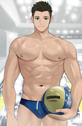 Rule 34 | 1boy, abs, artist name, ball, bara, blue male swimwear, brown hair, bulge, collarbone, cowboy shot, facial hair, goatee, goburin second, highres, holding, holding ball, indoors, large pectorals, light smile, looking at viewer, male focus, male swimwear, muscular, muscular male, navel, nipples, original, pectorals, pool, poolside, shiny skin, short hair, solo, spiked hair, standing, swim briefs, water polo