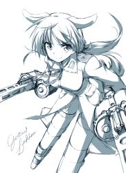 Rule 34 | &gt;:), 1girl, animal ears, blue theme, character name, dog ears, double-drum magazine, drum magazine, dual drum magazine, dual wielding, general-purpose machine gun, gertrud barkhorn, gun, high-capacity magazine, holding, long hair, looking at viewer, machine gun, magazine (weapon), mg42, military, military uniform, monochrome, paprika (artist), ribbon, saddle-drum, sketch, smile, solo, strike witches, striker unit, tail, twintails, uniform, v-shaped eyebrows, weapon, world witches series