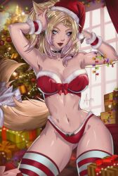 Rule 34 | 1girl, absurdres, bad source, bikini, blonde hair, blue eyes, box, cat tail, christmas, christmas tree, final fantasy, final fantasy xiv, freckles, gift, gift box, grey eyes, hat, heterochromia, highres, lights, looking at viewer, merry christmas, miqo&#039;te, red bikini, red hat, ribbon, santa costume, self-upload, smile, solo, strapless, strapless bikini, striped clothes, striped thighhighs, swimsuit, tail, thighhighs, warrior of light (ff14)