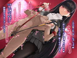 Rule 34 | 1boy, 1girl, between breasts, black hair, blue archive, breasts, face between breasts, femdom, gin (shioyude), hair ornament, hairclip, head between breasts, highres, leash, pantyhose, penis, pleated skirt, red eyes, riding crop, rio (blue archive), skirt, smile, translation request
