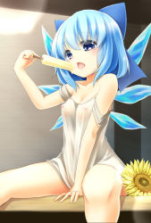 Rule 34 | 1girl, bare shoulders, barefoot, blue eyes, blue hair, blue ribbon, bow, child, cirno, covered erect nipples, eating, flower, food, getsuyou yasumi, hair bow, heart, hidden star in four seasons, holding, holding food, ice, ice wings, looking at viewer, nipples, open mouth, petite, popsicle, ribbon, shirt, short hair, solo, sunflower, tanned cirno, touhou, white shirt, wings