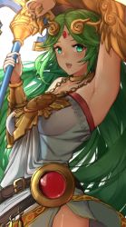 Rule 34 | 1girl, :d, ancient greek clothes, armpits, bangle, bare shoulders, belt, blush, bracelet, breasts, brown belt, chiton, circlet, dress, forehead jewel, green eyes, green hair, hair ornament, highres, holding, holding staff, ippers, jewelry, kid icarus, kid icarus uprising, large breasts, long hair, looking at viewer, necklace, nintendo, open mouth, palutena, parted bangs, smile, solo, staff, strapless, strapless dress, vambraces, very long hair, white dress
