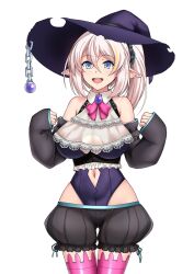 Rule 34 | 1girl, :d, ascot, bad source, black hat, black leotard, black sleeves, clothing cutout, cowboy shot, detached sleeves, elf, haruhisky, hat, highres, leotard, long sleeves, navel, navel cutout, open mouth, original, pink ascot, pink thighhighs, pointy ears, ponytail, simple background, sleeves past wrists, smile, solo, standing, teeth, thighhighs, tongue, upper teeth only, white background, white hair, witch hat