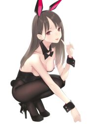 Rule 34 | 1girl, :p, ama mitsuki, animal ears, bare shoulders, black bow, black bowtie, black footwear, black leotard, black pantyhose, bow, bowtie, breasts, brown eyes, brown hair, cleavage, detached collar, fake animal ears, full body, high heels, highres, leotard, long hair, looking at viewer, medium breasts, non-web source, original, pantyhose, playboy bunny, rabbit ears, rabbit tail, simple background, solo, squatting, strapless, strapless leotard, tail, tongue, tongue out, white background, wrist cuffs